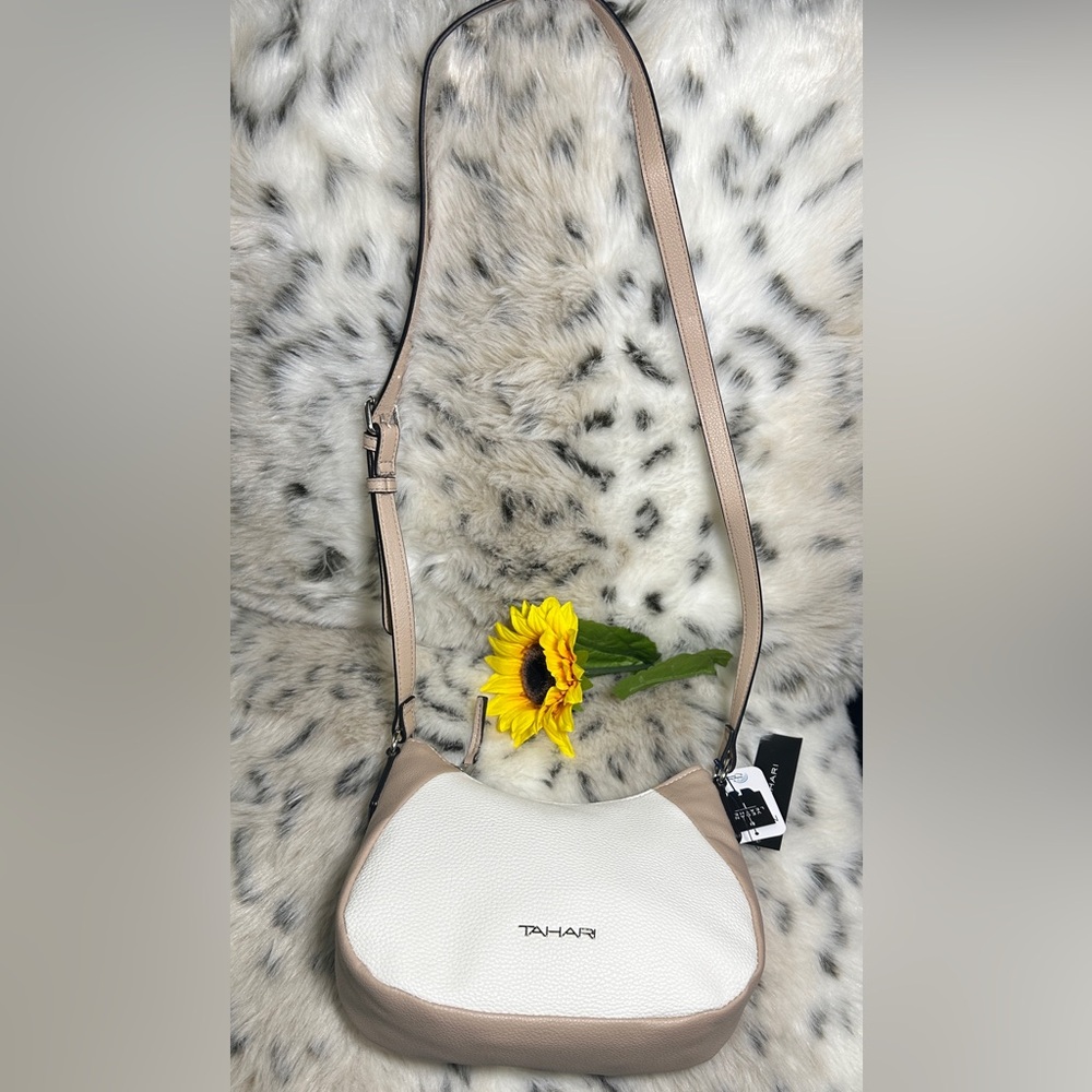NWT Tahari White and Tan Vegan Leather Crossbody Purse